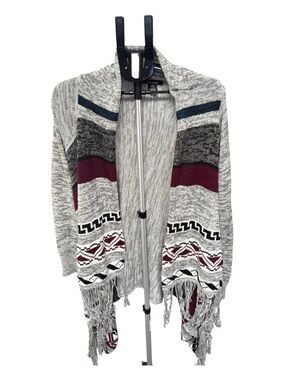Reverend Style 1313 Geometric Fringe Cardigan Gray Burgundy Size Medium